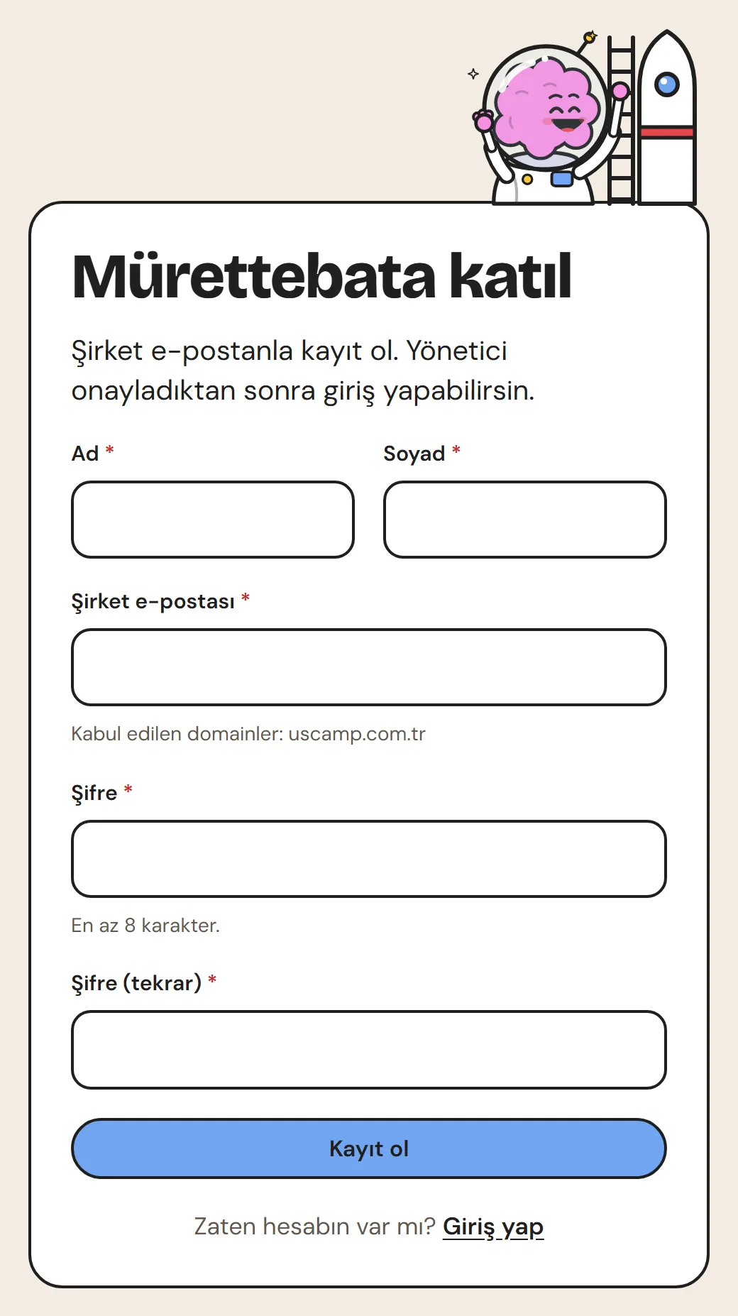 Kayıt formu: ad, soyad, şirket e-postası ve şifre alanları